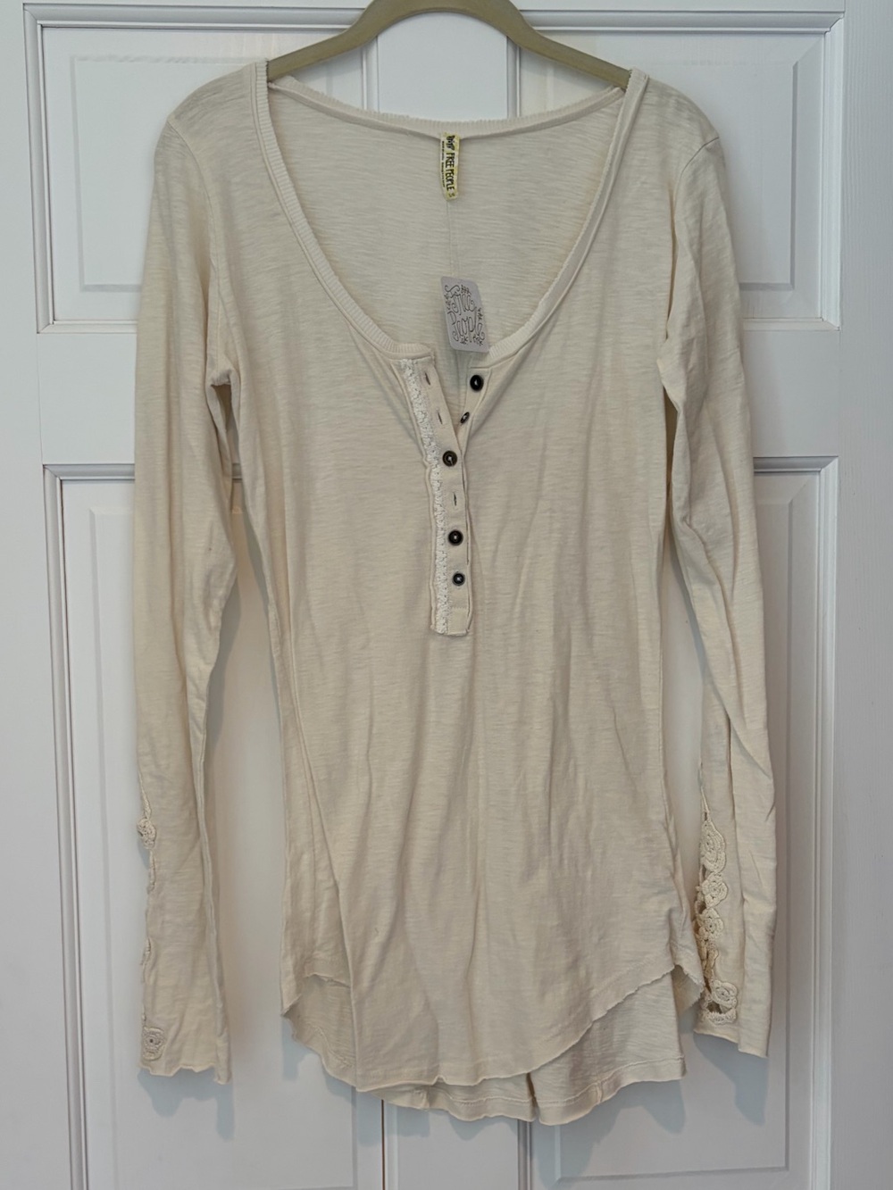 NWT Free People Toosalossa Cream Henley Lace-Trim Long Sleeve Top